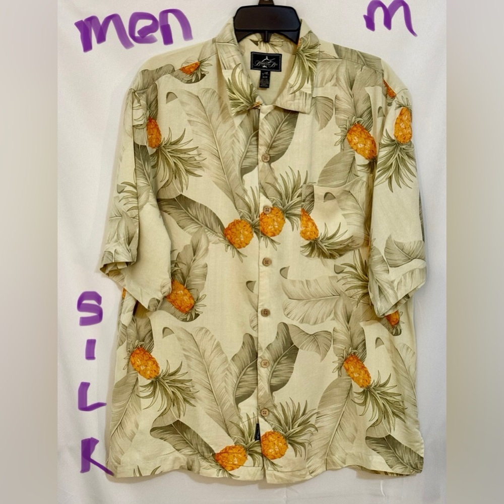 Casual Cream and Orange Button Down Silk Shirts with Tropical Print